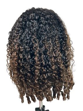 Unice Black & Chestnut Ombre Burmese Curly Finger Coil Human Hair 20 Inch Wig